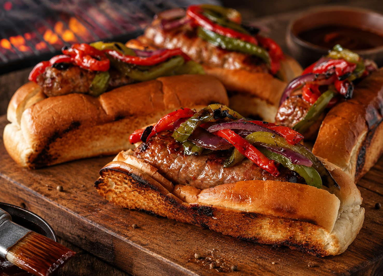 Grilled Sausage with Charred Peppers and Balsamic Onions