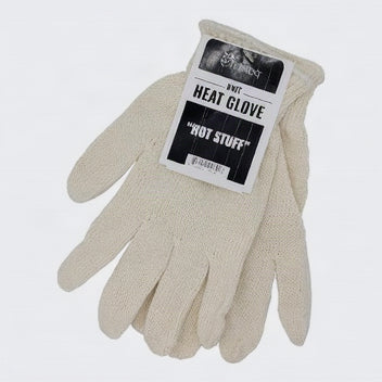 A pair of off-white knit heat gloves with a black and white product tag reading 'KNIT HEAT GLOVE "HOT STUFF"' on a plain white background.